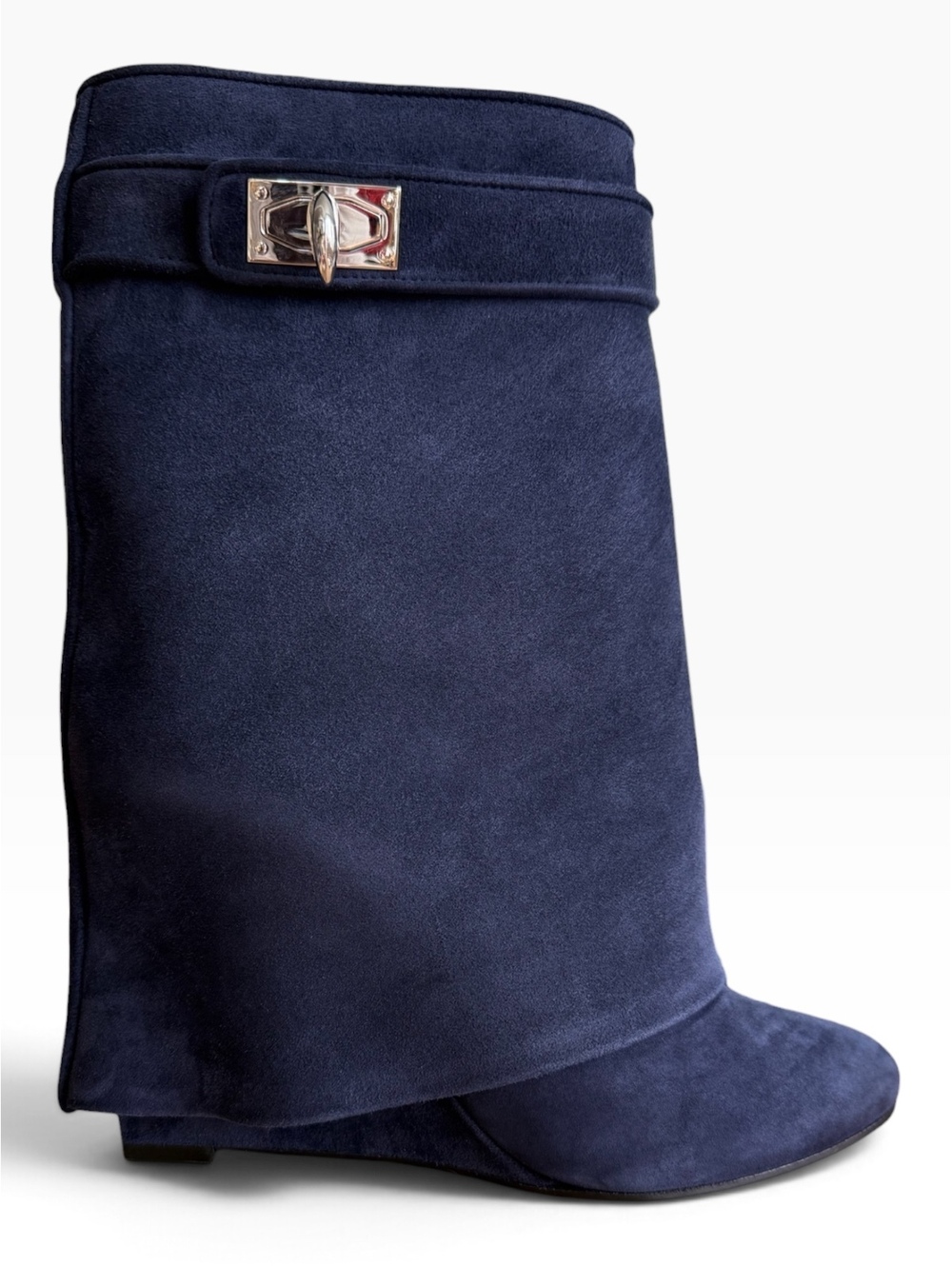 Givenchy Shark Lock Navy Suede Fold-Over Wedge Ankle Boots - Rare - Size 36